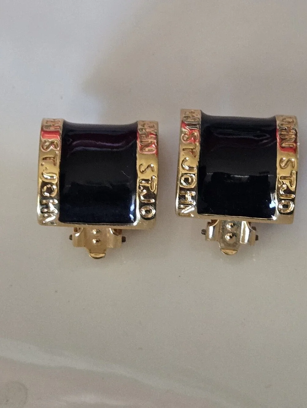 ST JOHN Gold-Tone Black Enamel Clip-On Earrings